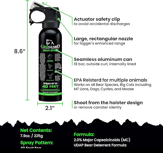 Griz Guard Bear Spray with Holster -Maximum Strength 7.9 oz, 40-Foot Range, EPA-Registered Bear Deterrent Repels Bears, Mountain Lions, Coyotes & Moose, Glow Safety Clip, Hiking & Camping Protection