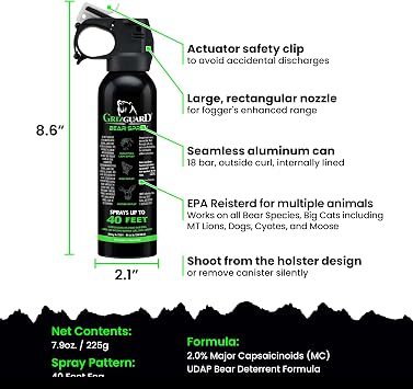 Griz Guard Bear Spray with Holster -Maximum Strength 7.9 oz, 40-Foot Range, EPA-Registered Bear Deterrent Repels Bears, Mountain Lions, Coyotes & Moose, Glow Safety Clip, Hiking & Camping Protection