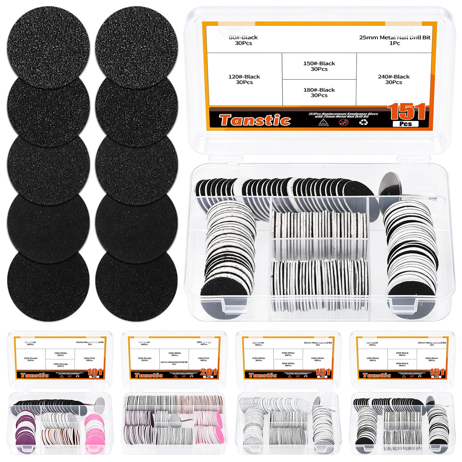 Tanstic 150 Stück (Körnung #80, #120, #150, #180, #240) schwarze Ersatz-Schleifscheiben mit 25-mm-Metall-Nagelbohrer-Set, Fußfeilen-Schleifscheiben, Pediküre-Scheiben für Fußbohrer