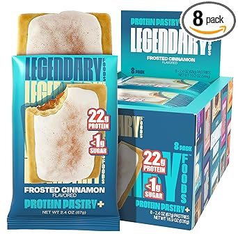 Legendary Foods 22g Protein Pastry+ Cinnamon Low Carb Meal Replacement Bar - Low Glycemic, Gluten Free Protien Snacks - Healthy Keto Snack Box, 8x Zero Sugar Energy Bars - Bariatric Diabetic Friendly