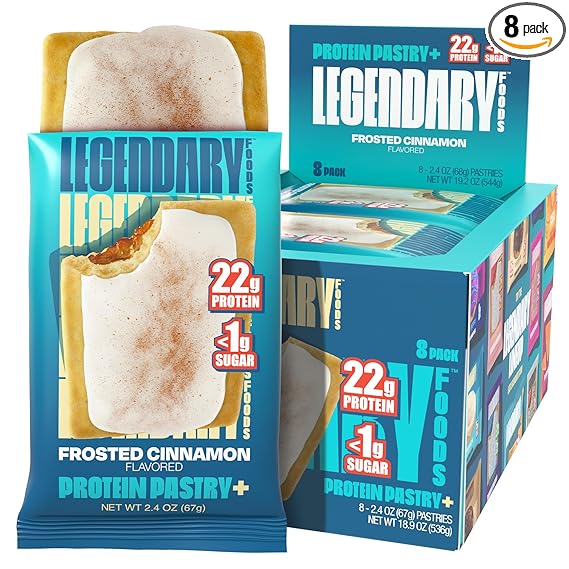 Legendary Foods 22g Protein Pastry+ Cinnamon Low Carb Meal Replacement Bar - Low Glycemic, Gluten Free Protien Snacks - Healthy Keto Snack Box, 8x Zero Sugar Energy Bars - Bariatric Diabetic Friendly