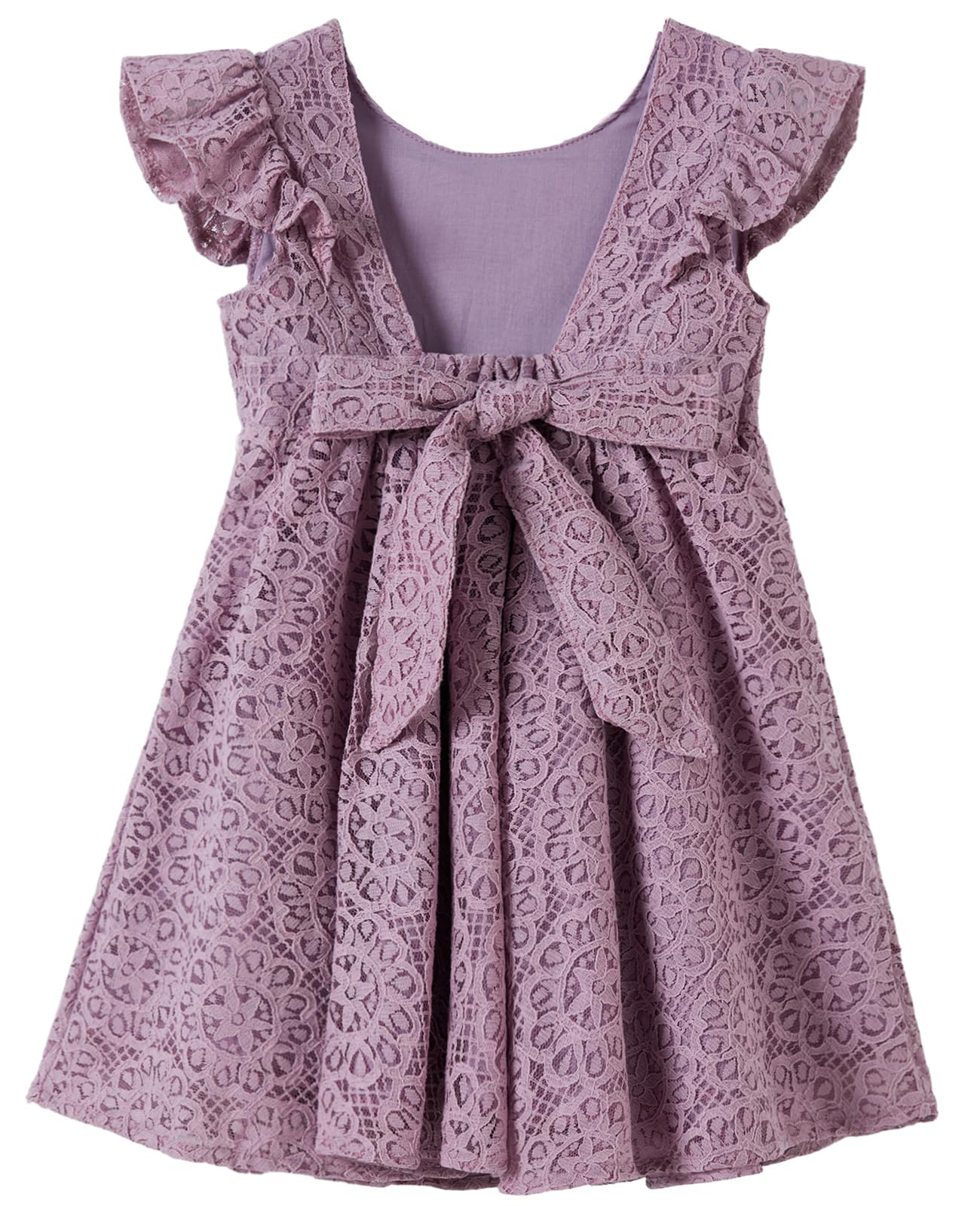 Niyage Backless Toddler Dress Open Back Girls Lace Bow Tie-Back Pom Pom Flutter Sleeves Party Princess Dresses