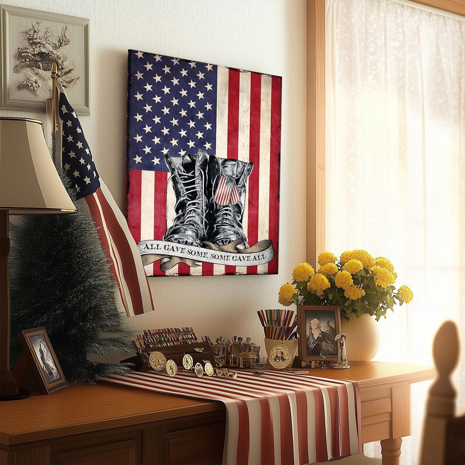 Memorial Day Canvas Wall Art, Military Boots and American Flag Poster, All Gave Some Some Gave All Quote Print, Veterans Day Tribute Vintage Framed Wall Painting for Home or Office 16x20inch