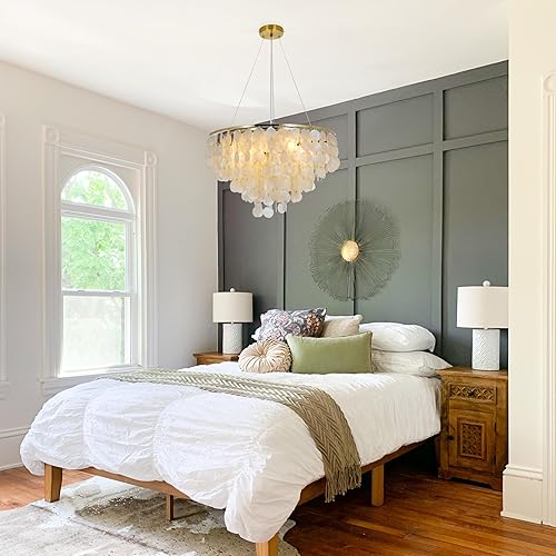 Miniatura 7 de MORE CHANGE Candelabro Capiz Shell de 24 pulgadas, moderno colgante ajustable costero de 6 luces, iluminación colgante colgante de latón antiguo,