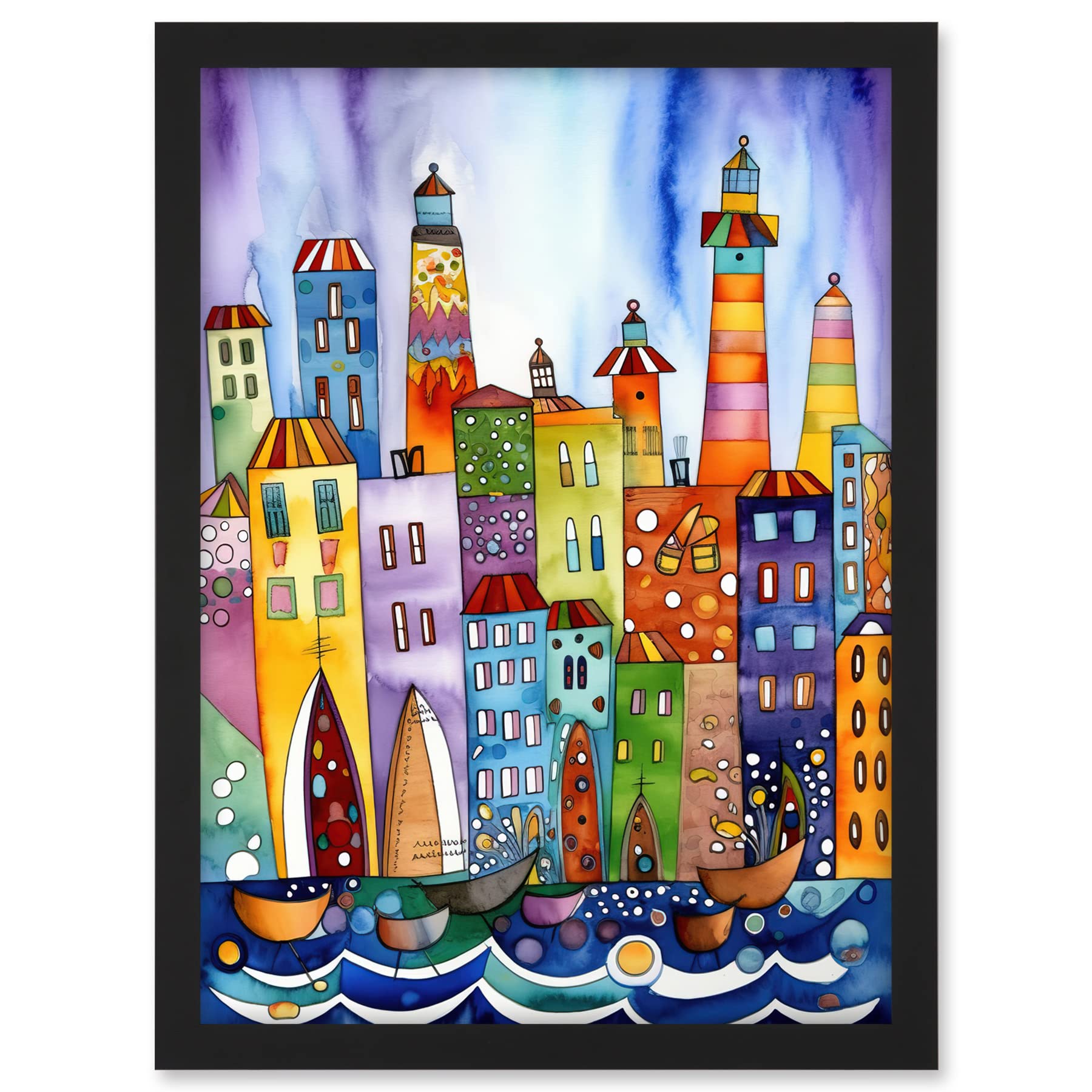 Artery8 Canal Area Folk Art Watercolour Painting Artwork Framed A3 Wall Art Print