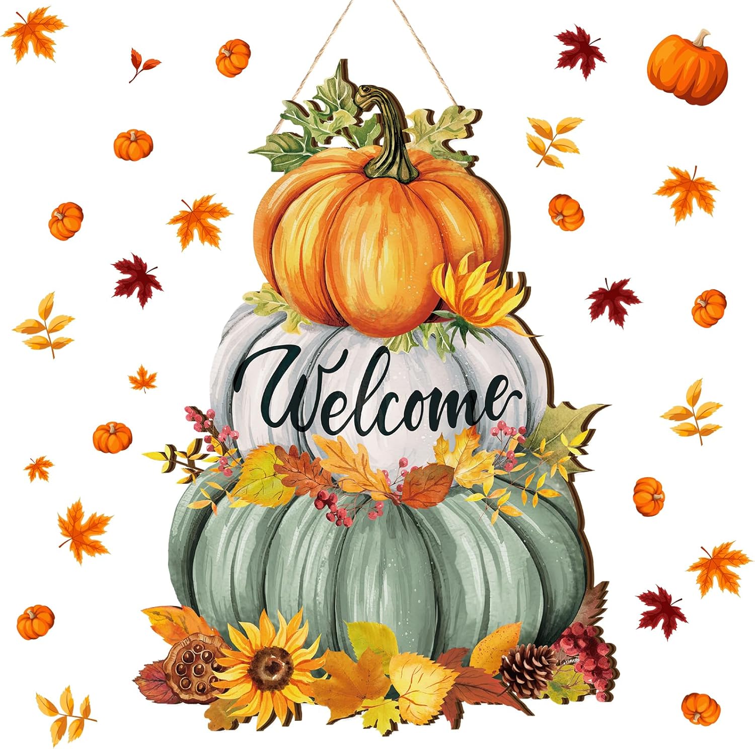 BBTO Fall Pumpkin Welcome Sign - Wooden Rustic Decorative Hanging Sign for Thanksgiving, Autumn Porch, Home Wall, Indoor/Outdoor Fall Door Decor Classic Style