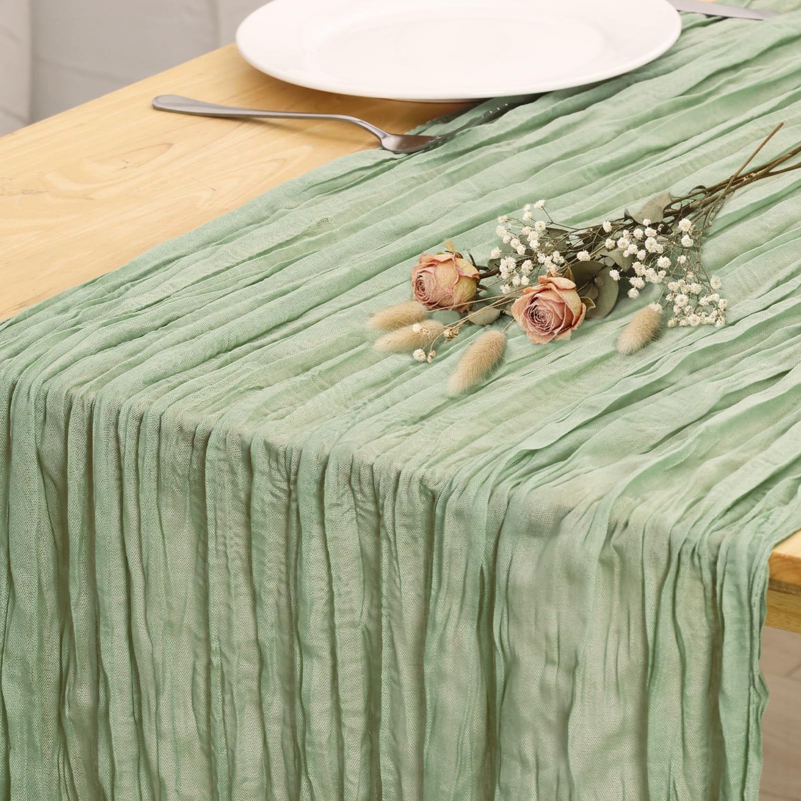 Fixwal 3 Pack Sage Green Cheesecloth Table Runners, 35x120 Inch Pleated Boho Gauze Table Runner, Long Semi-Transparent Table Decorations for Christmas Dinner, Parties, Birthdays and Weddings
