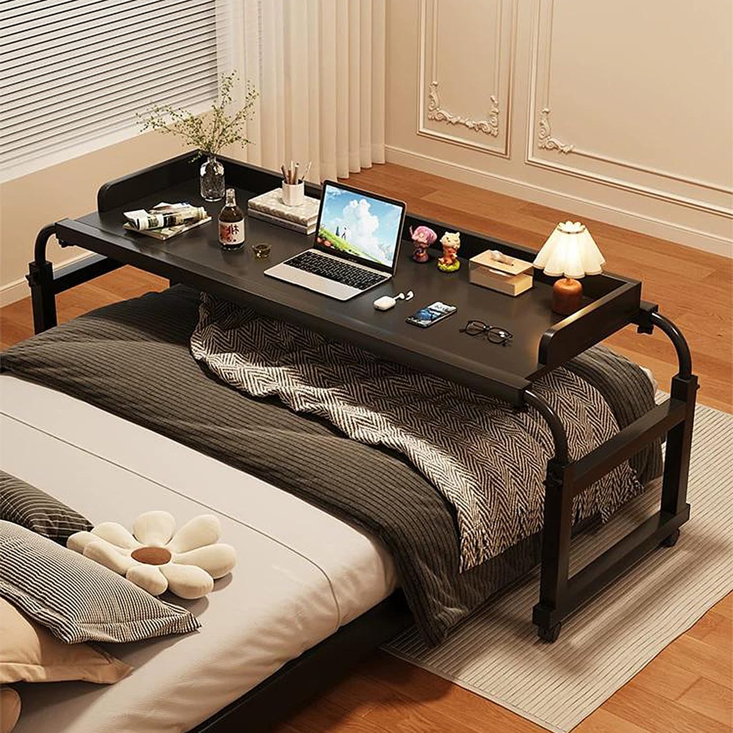 GXQFC Over Bed Desk Adjustable 115-210cm, Rolling Medical Table Mobile Laptop Cart Computer Desk Height Adjustable 65-95cm for Work Gaming Breakfast Applying Makeup(Color:Black)