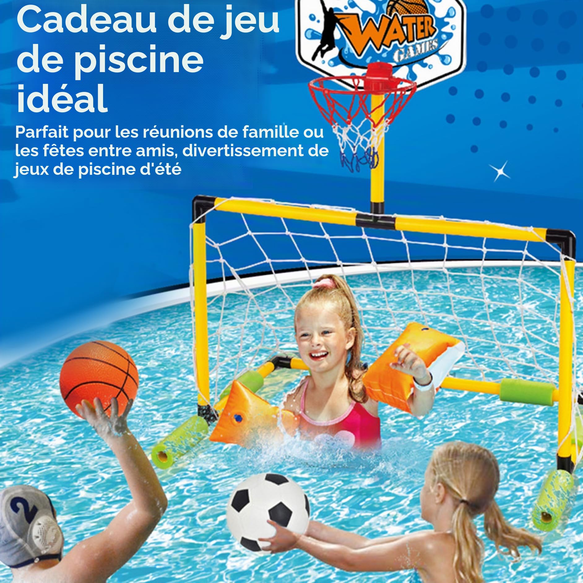 Cerceau de Basket-Ball Flottant pour Piscine, But de Football 2 en 1 ＆ Cerceau Basket-Ball Piscine, But détachable avec 2 balles pour Enfants et Adultes