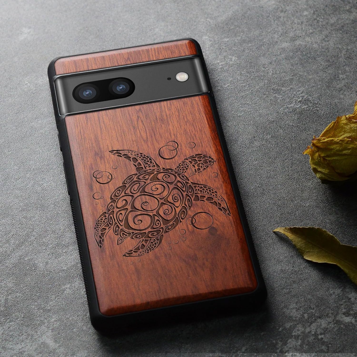 Carveit Wood Case for Pixel 8 Case [Natural Wood & Black Soft TPU] Shockproof Protective Unique Wooden Cover Compatible with Google Pixel 8 (Sea Turtle-Rosy)