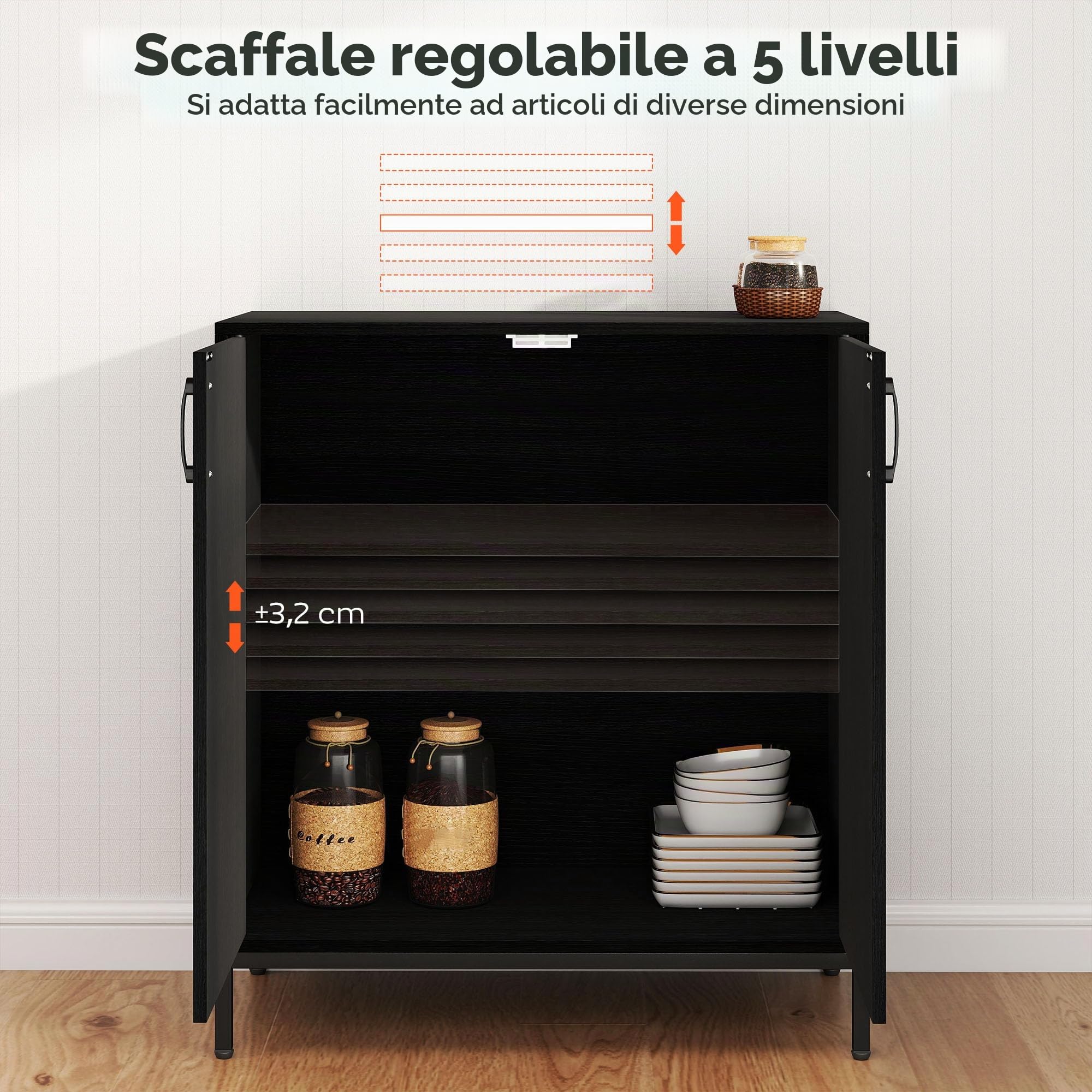 HOMCOM Credenza da soggiorno con 2 ante, credenza da cucina moderna, ripiano regolabile e base rialzata, per sala da pranzo, corridoio, camera da letto, 80x40x90 cm, nero