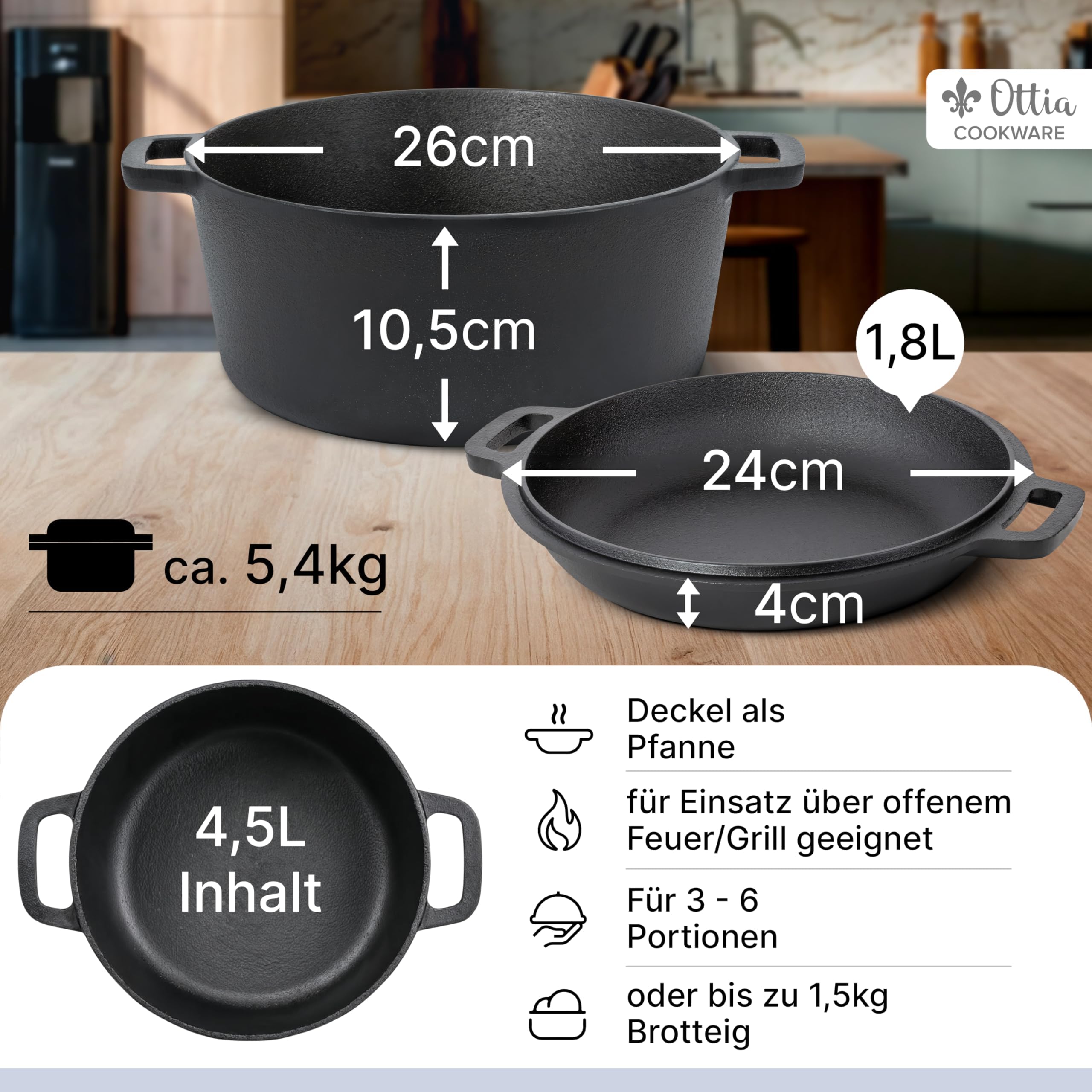 Ottia reiner Gusseisen Topf, 26cm, als Brotbackform, Brotbacktopf, Dutch Oven, Brotbackform, Schmortopf, Bräter, Bratentopf, zum Brot backen, Cast Iron pot, Cocotte, aus dem Fachhandel, aus Hamburg