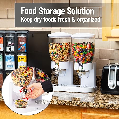 Vista 6 de Mind Reader Dispensador doble de cereales para encimera, 2 recipientes herméticos de 2 litros, dispensador giratorio de alimentos secos para Blanco