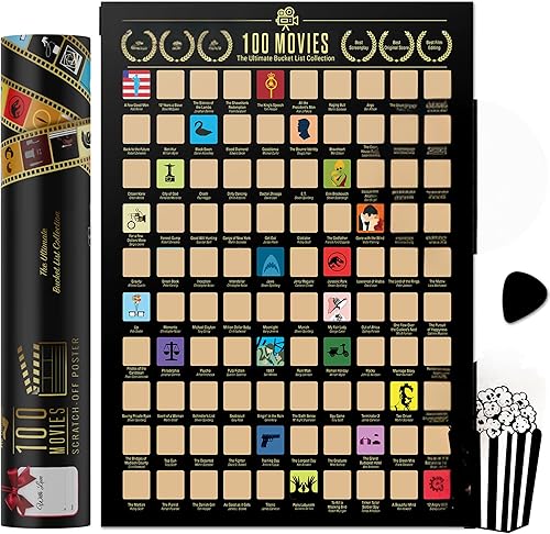 Póster de 100 películas para rascar, lámina dorada fácil de quitar, 100 mejores películas, póster de lista de cubo de películas incluye herramienta