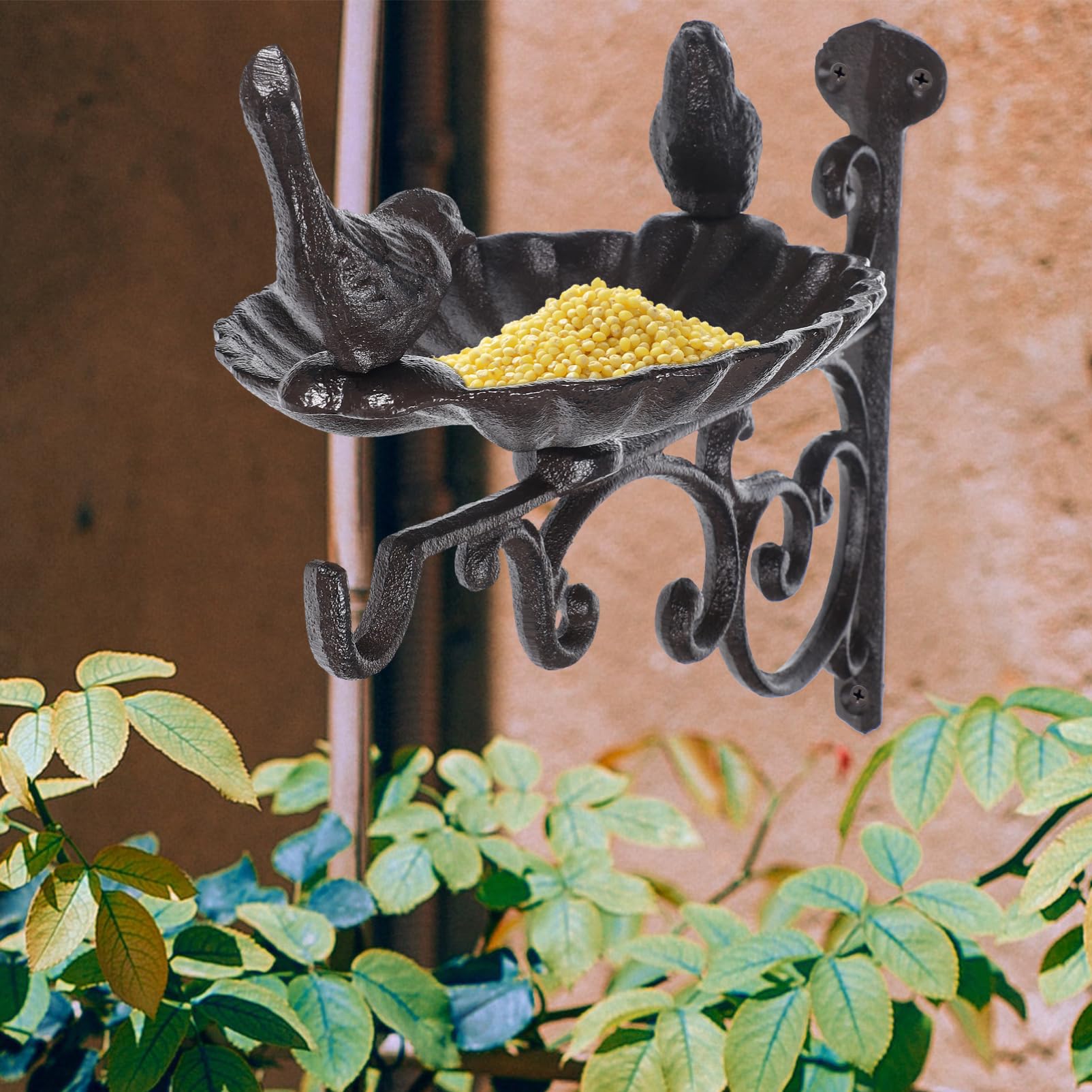 POPETPOP Gancio per Mangiatoia Uccelli da Parete in Ferro Nero per Giardino | Supporto Sospeso per Cesti, Uso Esterno, Finitura Nera, Struttura in Ferro