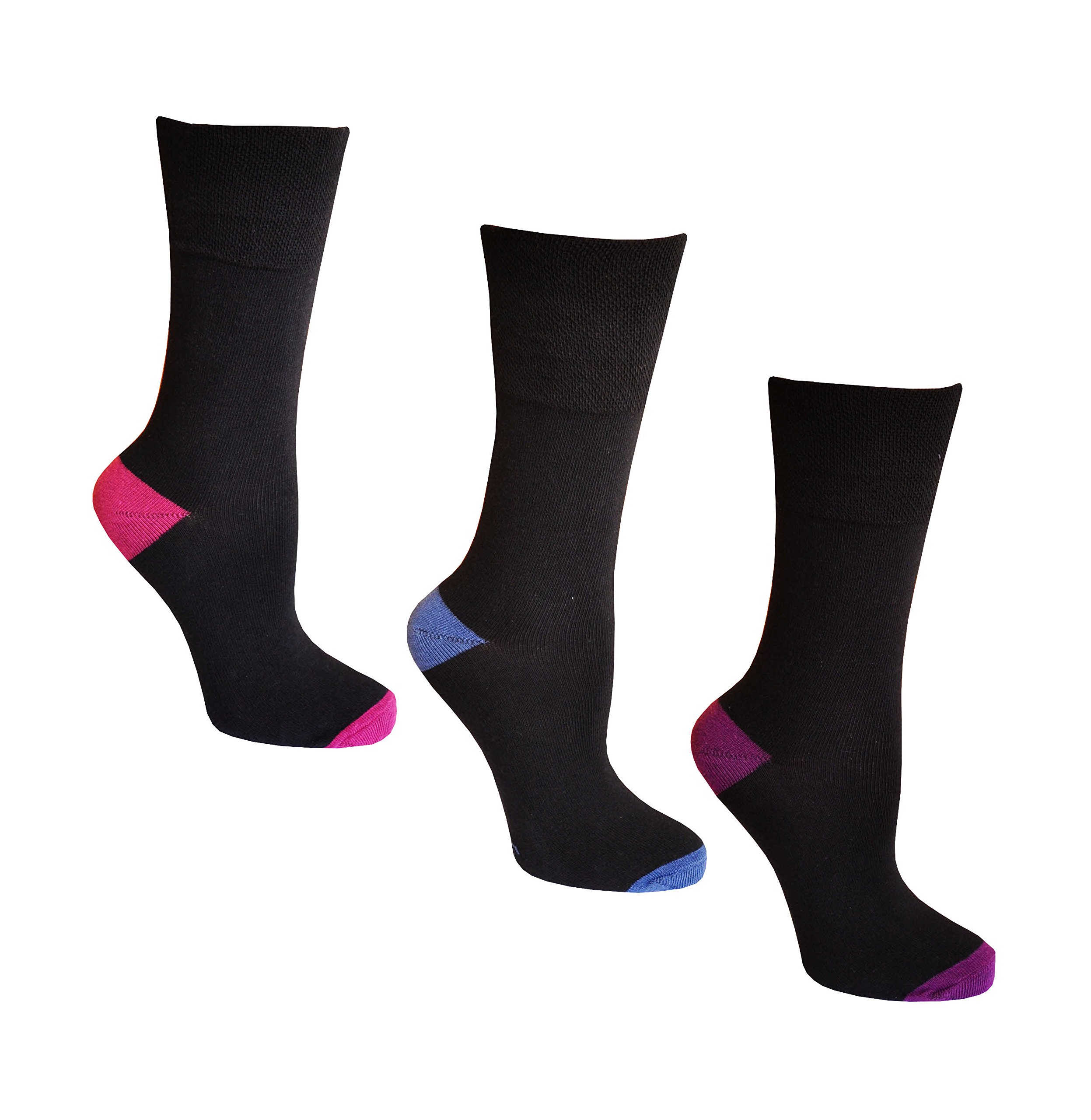 Maybury Socks Women's Black Socks, Gentle Grip For Comfort, 3 Pairs Of Coloured Heel Socks, 4-8 Uk, 37-42 Eu, Light Hold Honeycomb Top, Ideal Elastic Free Diabetic Socks