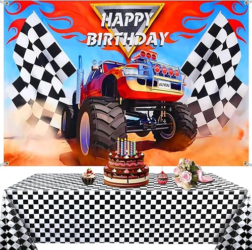 Los suministros de fiesta de Monster Truck incluyen 1 pieza de telón de fondo de camión monstruo, 1 mantel de plástico con bandera a cuadros, feliz