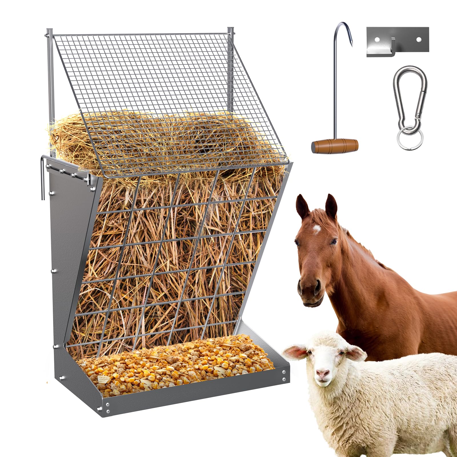 Wall Mount Hay Rack, 2 in-1 Goat Hay Feeder with Hook, 19 Gallons Heavy Duty Galvanized Wall Hay Rack, Livestock Feeder with Adjustable Distance, Easy to Install, Hay Rack for Goats, Sheep, Horse