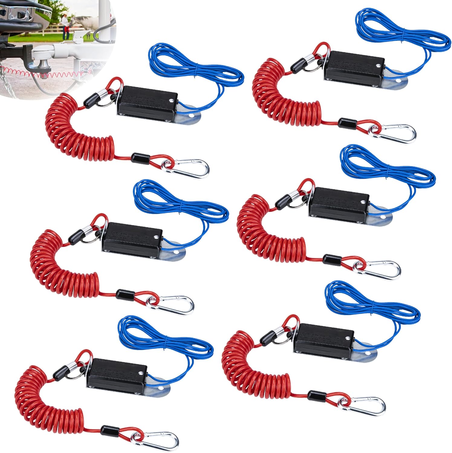 6 PCS Trailer Breakaway Switch, with 4 FT Coiled Trailer Brake Away Cable, Trailers Breakaway Kit with Pull Pin Steel Spring Towing Wire, Trailers Emergency Brake Cable for RV Travel Trailers Towing