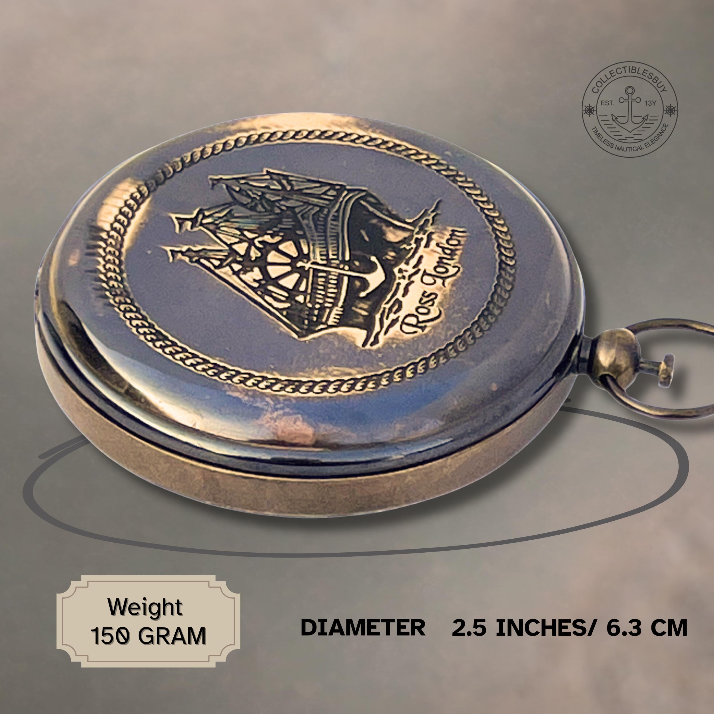 Nautical Ross London Brass Marine Round Pocket Compass Royal