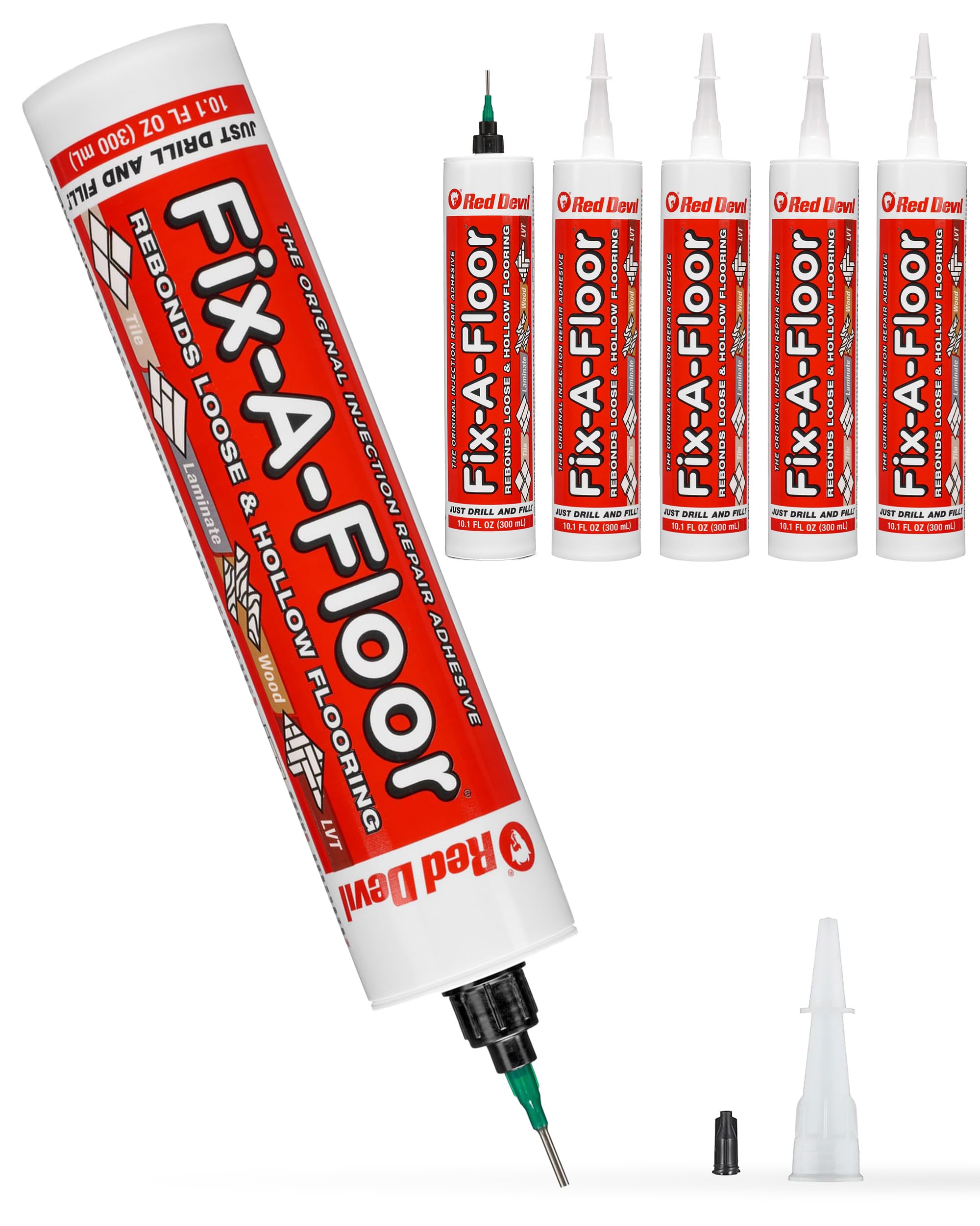 Fix A Floor Extra Strength Floor Tile Adhesive & Micro Precision Kit – 6-Pack Vinyl Floor Adhesive for Hollow Spots, Laminate, Creaking Wood & More – Versatile Injector Solution, 300ml Tube — image 1