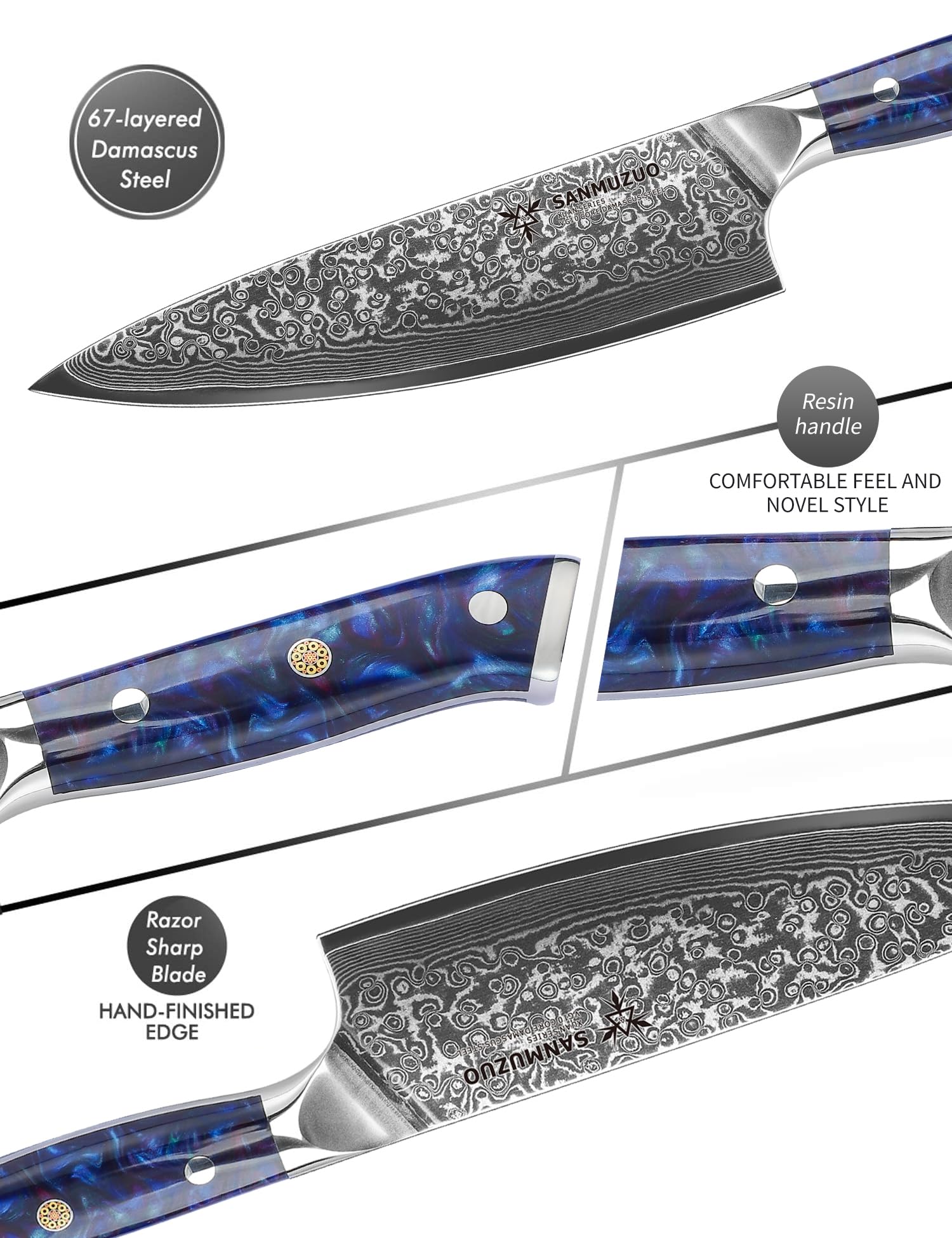 Chef Knife - 8 inch - Xuan Series - VG10 Damascus Steel Kitchen Knife - Resin Handle (Sapphire Blue) — Amazon image 3