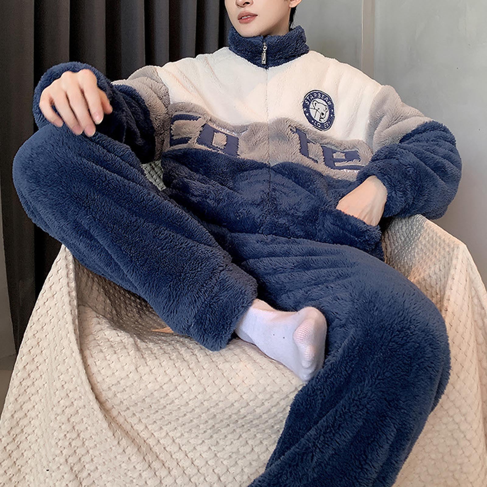 Herren Pyjama Frühling Und Autumn Sleepwear Set Lange Thermo Loungewear Bequeme Atmungsaktiv T-Shirt Einfarbiger/Karierter Pyjamahose Weich Nachtwäsche Schlafanzüge für Männer