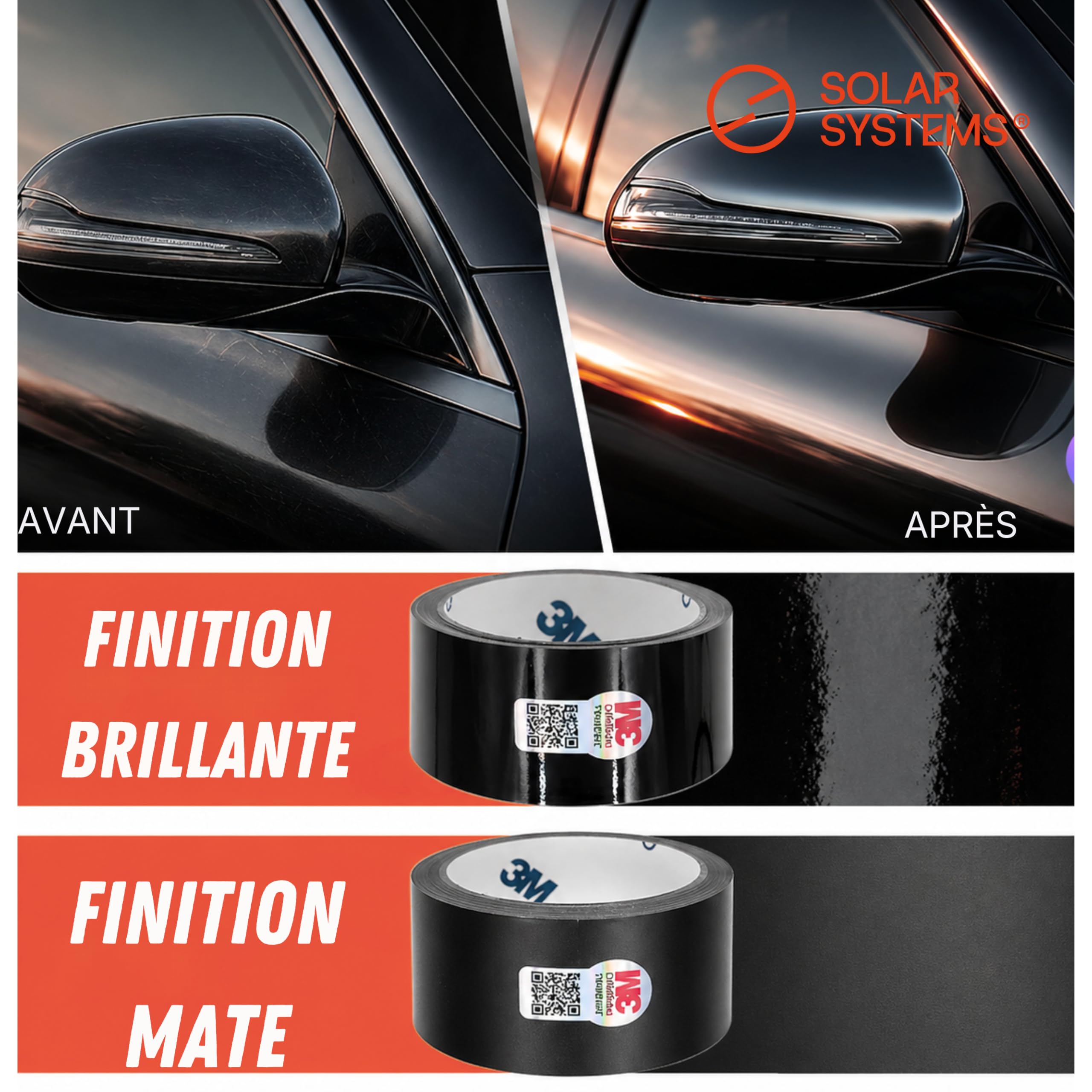 SOLAR SYSTEMS Wrap 2080 Film Auto adhésif - Ruban adhésif de déchromage + raclette et Couteau - Tuning Auto - Film Auto Noir Brillant 3,5cm x 10m