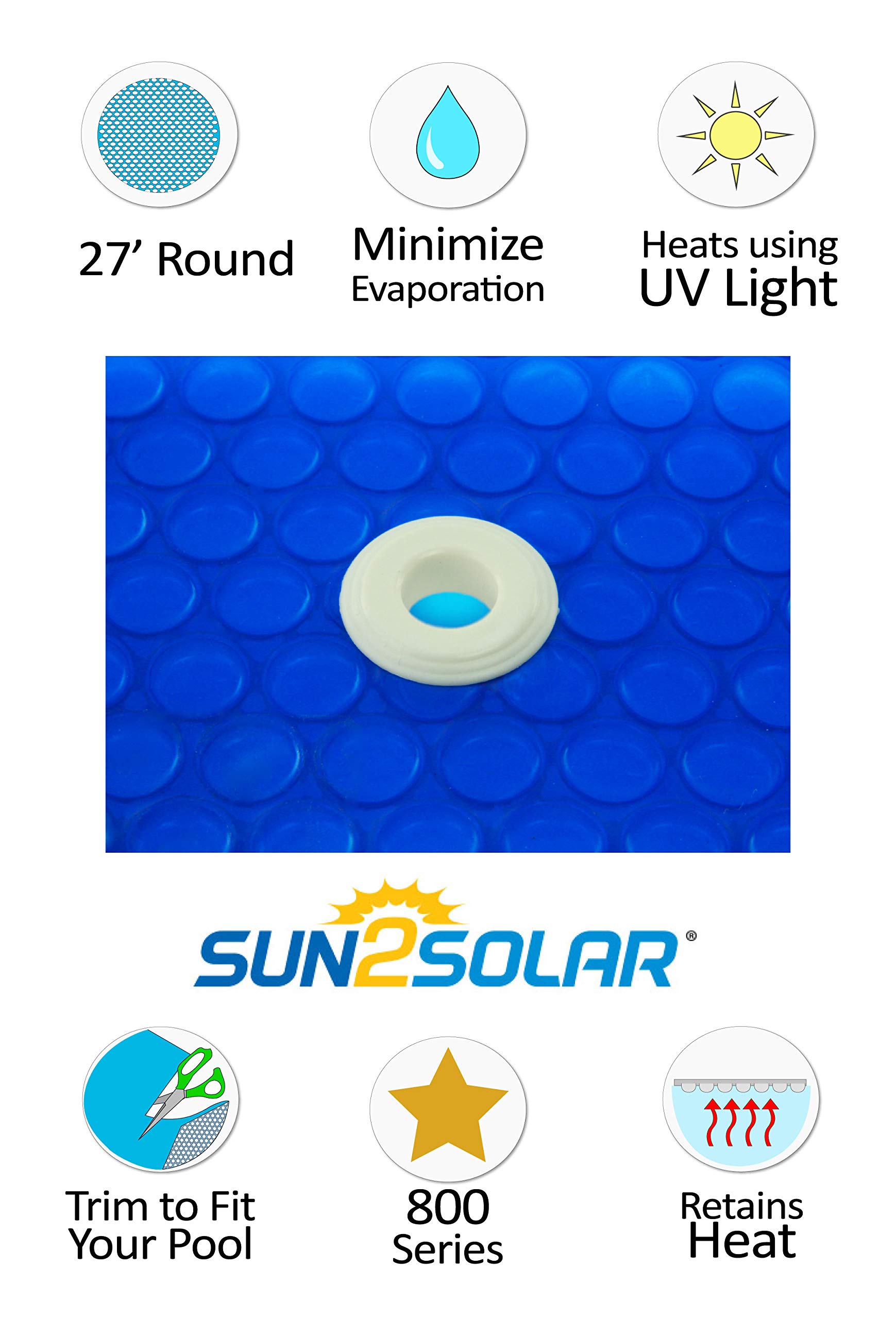 Sun2Solar Blue 27-Foot Round Solar Cover Heat Retaining Blanket | 800 Series with 6-Pack of Heavy-Duty Grommets Bundle | for In-Ground and above-Ground Round Swimming Pools | Place Bubble-Side Down