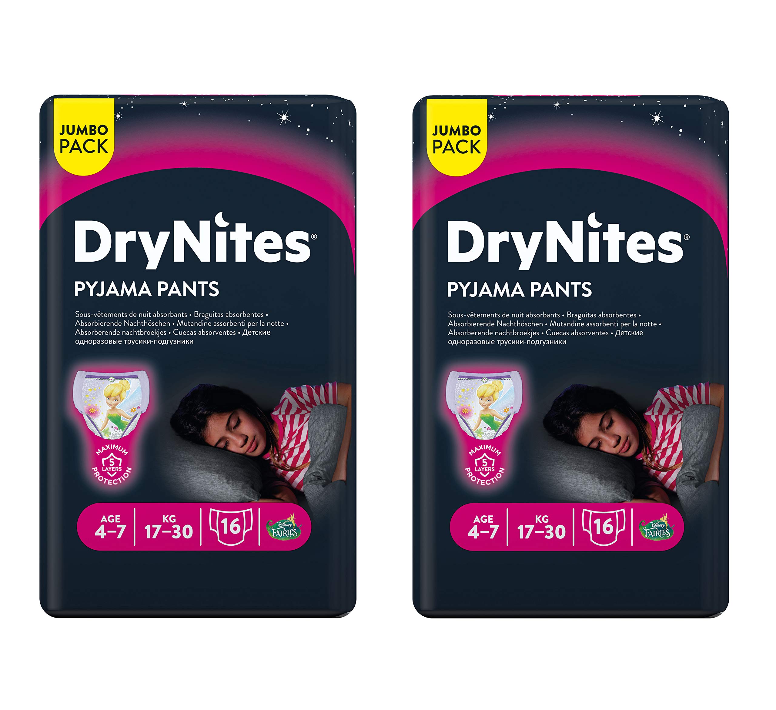 Huggies DryNites Mutandine Assorbenti per la Notte, 4-7 Anni (17-30 kg), 2 Pacchi da 16 Pezzi