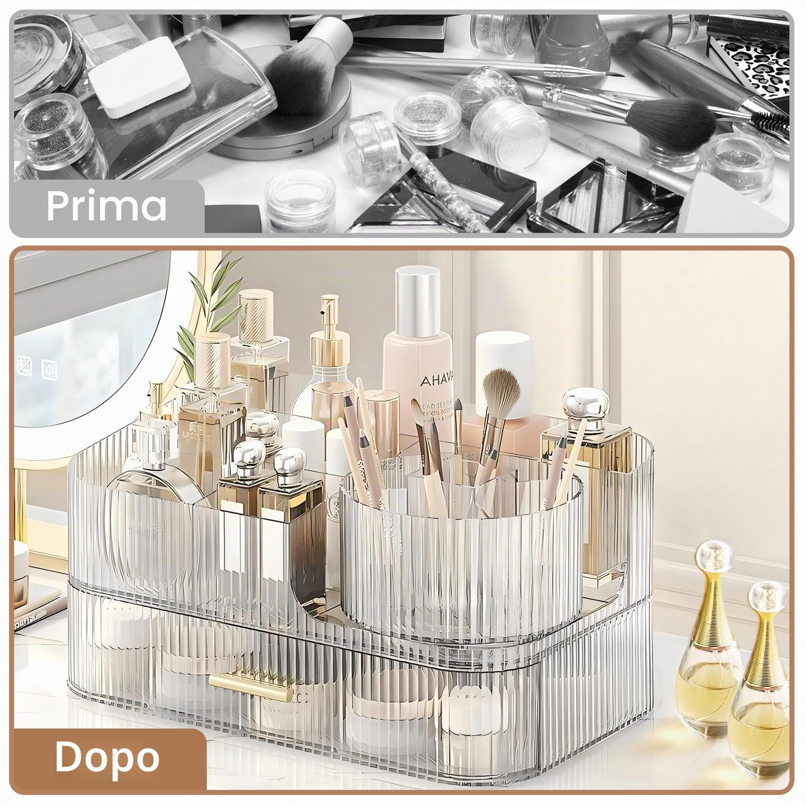 DASITON Organizer Trucchi con Cassetti, Porta Pennelli Make Up Girevole a 360°, Grande Capacità Make up Organizer per Cosmetici Impilabile, Porta Trucchi Organizer da Bagno e Toeletta (Trasparente 02)