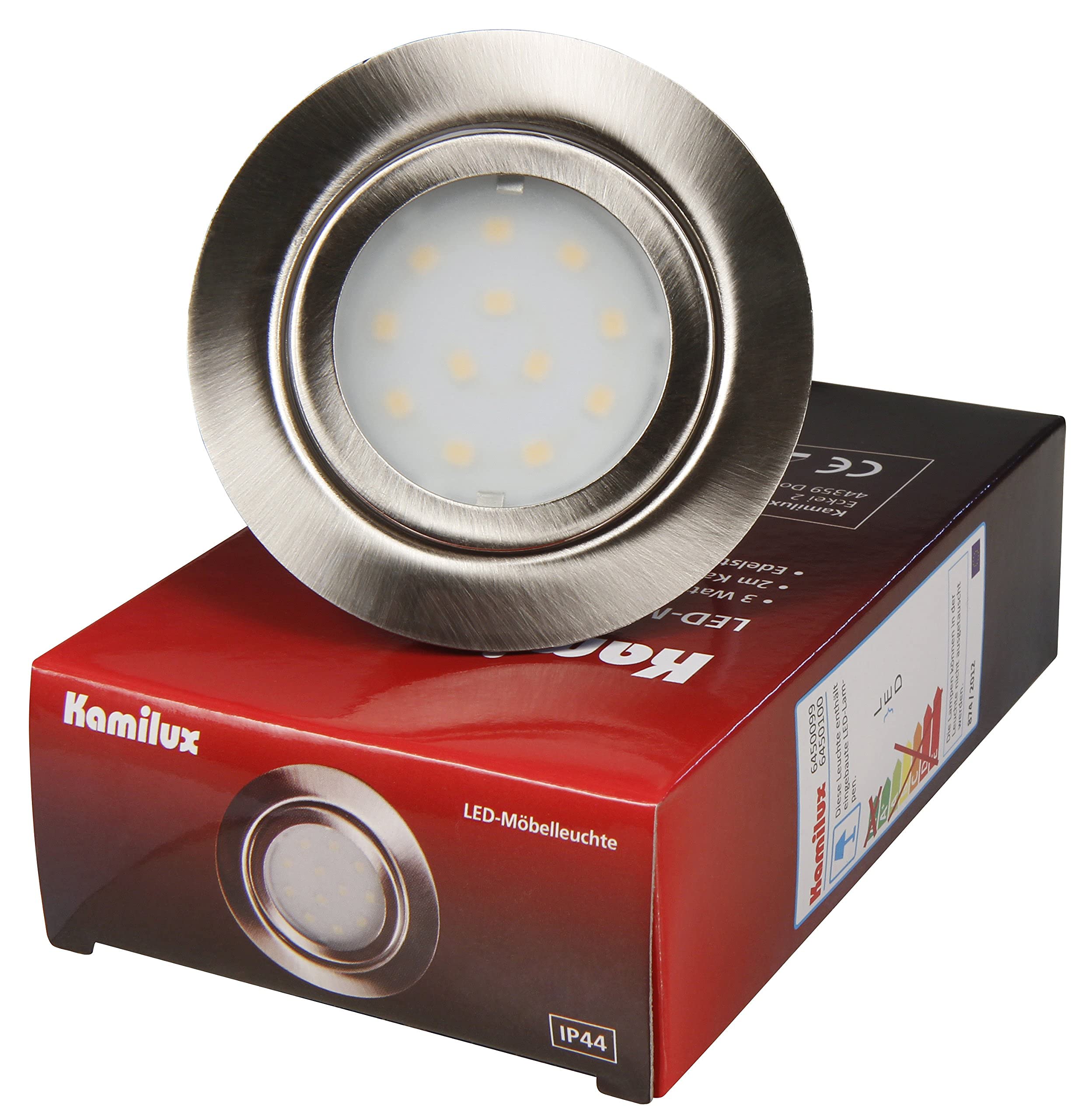 3 x New Gabi-LED IP44 flache LED Möbeleinbauleuchte 2,4Watt, Einbautiefe 22mm,Lichtfarbe kaltweiß, 4000 Kelvin, Farbe in edelstahl-gebürstet Optik 12V -Anschluß, fertig montiert, mit AMP Stecker