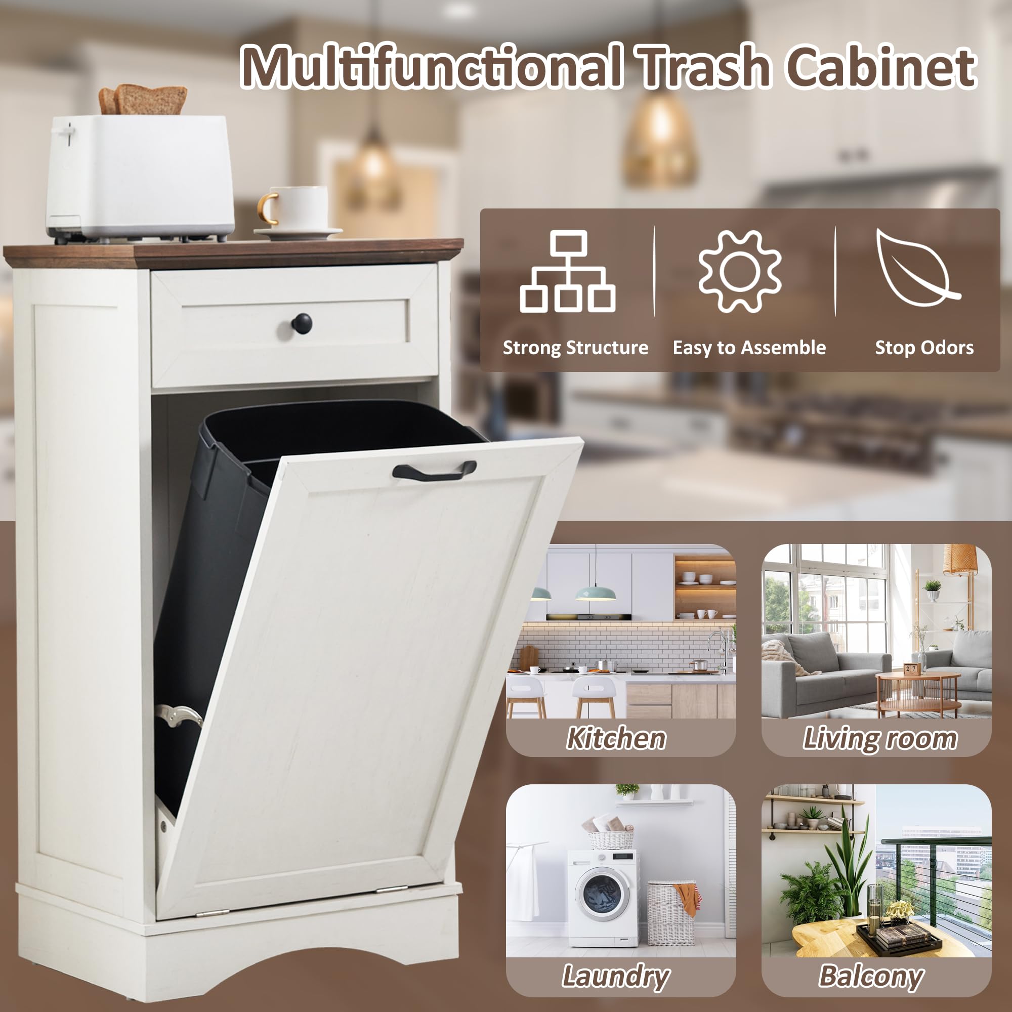 AHB 13 Gallons Tilt Out Trash Cabinet Free Standing Kitchen Trash Cabinet Recycling Garbage Cabinet with Hideaway Drawer Pet Proof Trash Can Holder for Kitchen Living Room, Antique White
