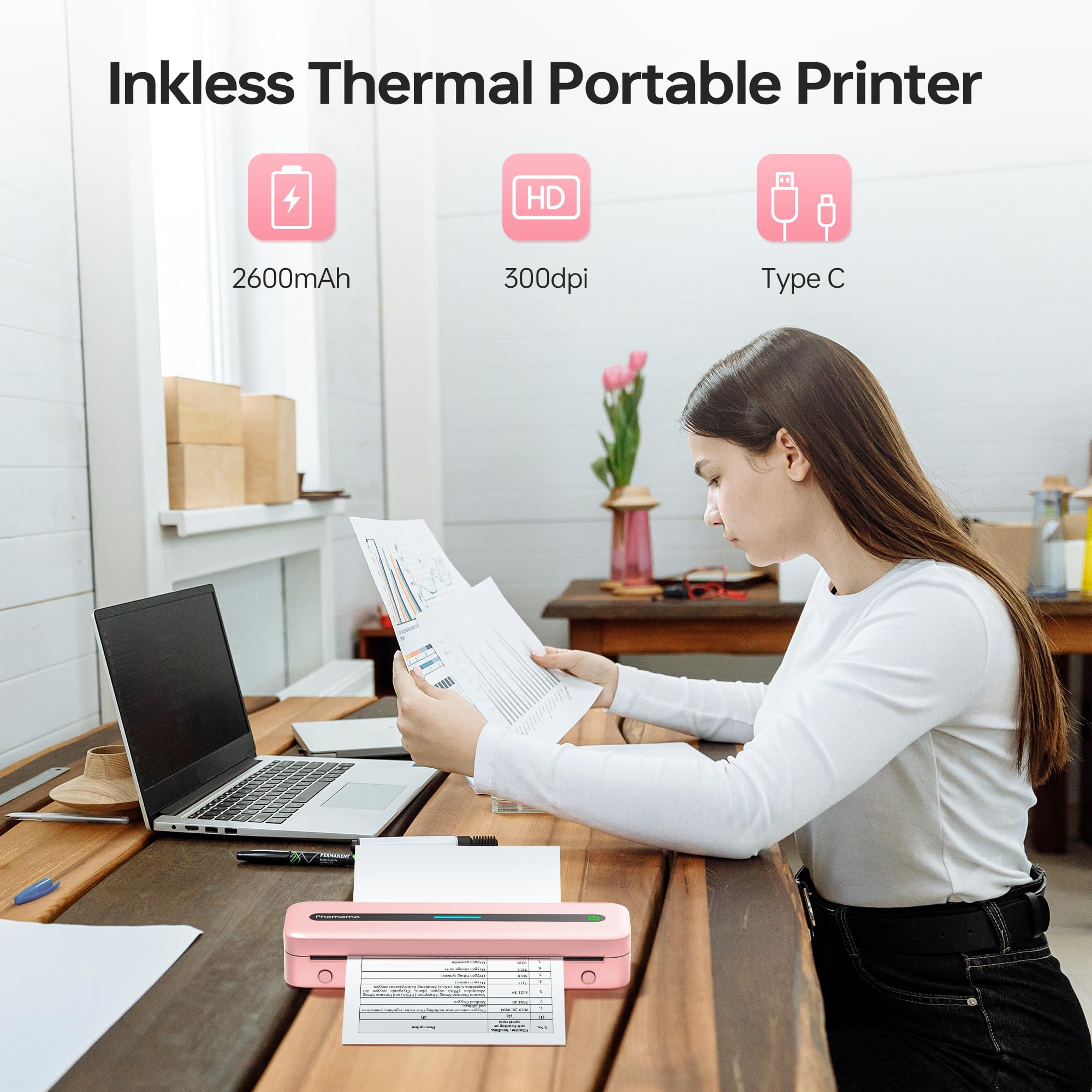 Phomemo Mobiler Drucker A4 für Unterwegs, M832 Bluetooth Tragbarer Drucker Unterstützen 210x297mm A4 Thermopapier, Mini Drucker Kompatibel mit Android und iOS für Phone & Laptop, Rosa