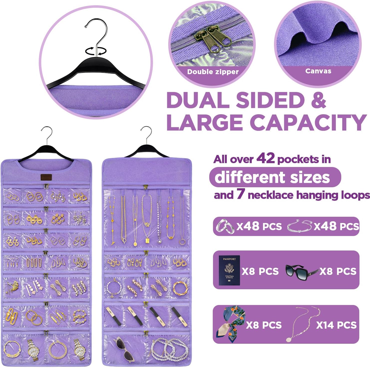 SMRITI Hanging Jewelry Organizer with Dual Zippered Pockets Canvas Double Sided Rotating Hanger Necklace Hanging Wall Organizer Earring Dustproof Holder Wall Mount Accessories Display Bag(Purple)