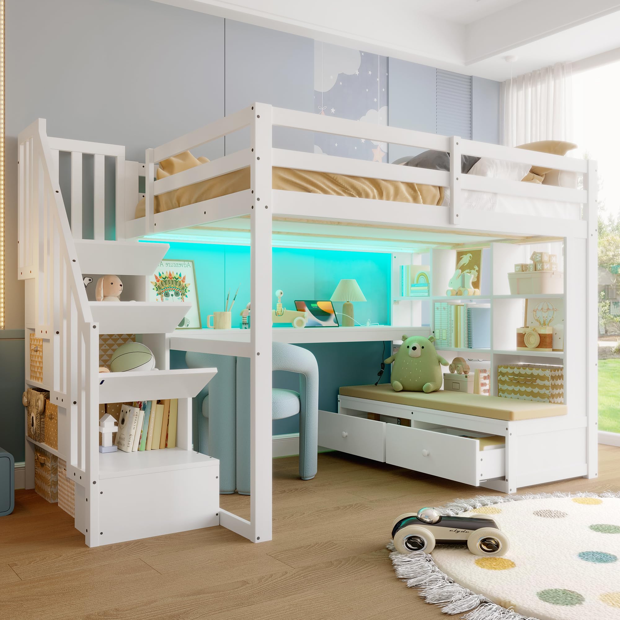 Lettino per bambini 140 x 200 cm, letto a soppalco con scrivania e scaffali, due cassetti integrati, scala di archiviazione, letto per ragazzi e ragazze, bianco