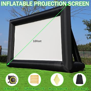 16ft Inflatable Movie Projector Screen, Indoor and Outdoor Projector Screen with Carry Bag for Front and Rear Projection