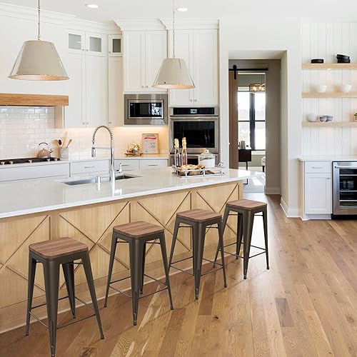 Miniatura 13 de [Juego de 4] Taburete metálico apilable industrial moderno para interior/exterior 17 pulgadas, Metal Plata sin espalda con madera,Sin espalda negro