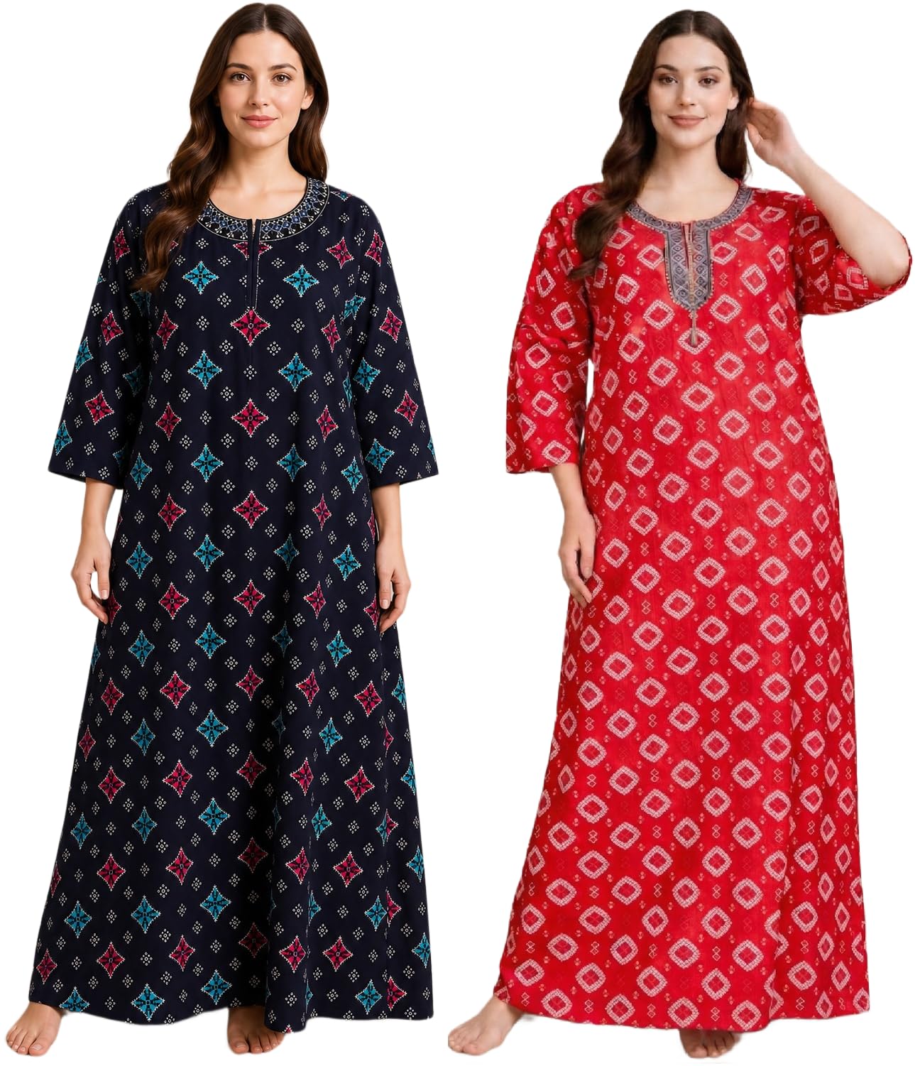 100% Cotton Printed Nighty (Pack of 2) with Embroidered Neck & Front Zipper | Soft Breathable Maxi Night Dress Set | Loose Comfortable Fit Long Nightwear-image-11