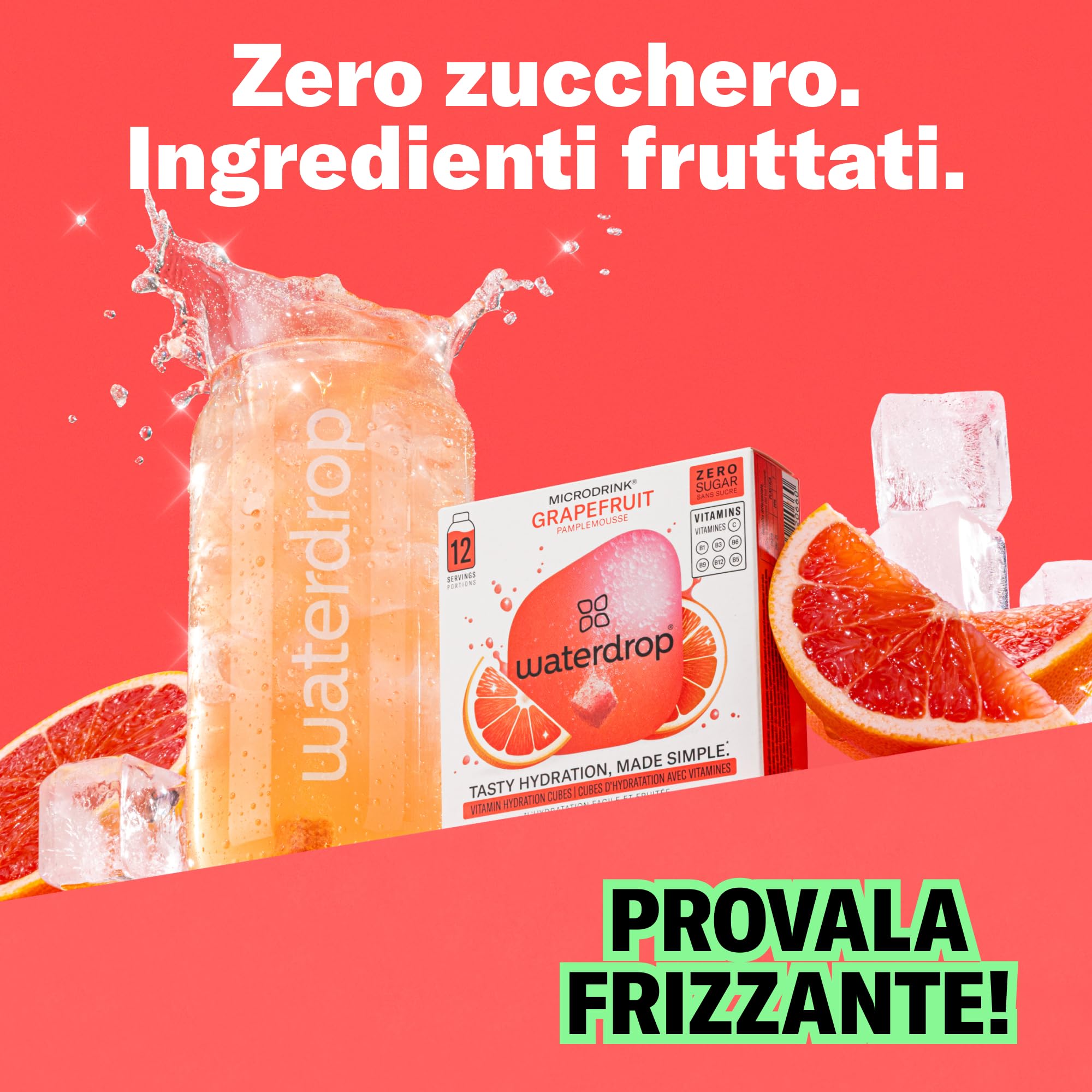 waterdrop® Set Microdrink, ARANCIA, LIMONE e POMPELMO, 36 cubetti effervescenti senza zucchero per aromatizzare l'acqua, Estratti di frutta e piante, Acqua Aromatizzata senza infusione a freddo