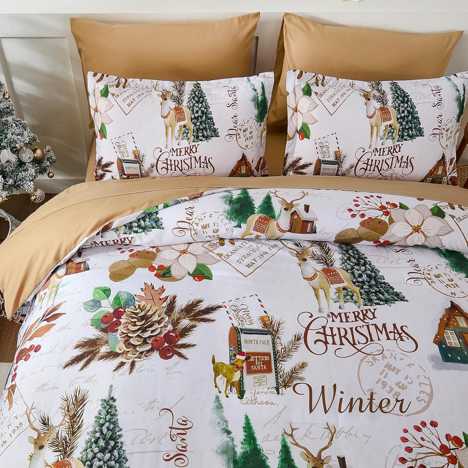 Dobuyly Christmas Comforter Set Queen Size, Brown Christmas Bedding Queen, Igloo Reindeer Pine Cones Pattern 7 Pieces Bed in a Bag, Winter Holiday Bed Set with Sheets, Pillowcases & Shams