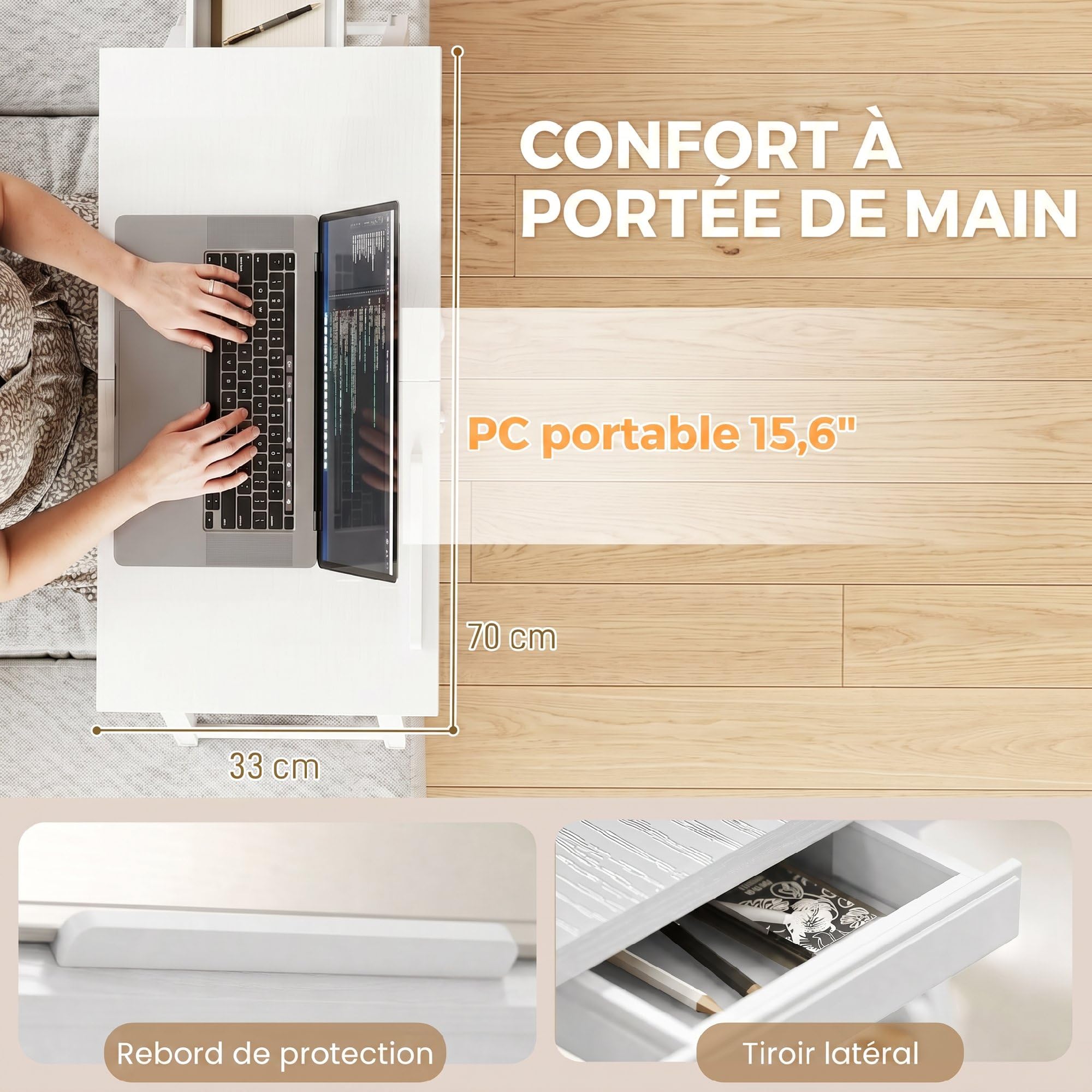 HOMCOM Tavolino pieghevole regolabile 83,5x33x23,5-34 cm Bianco