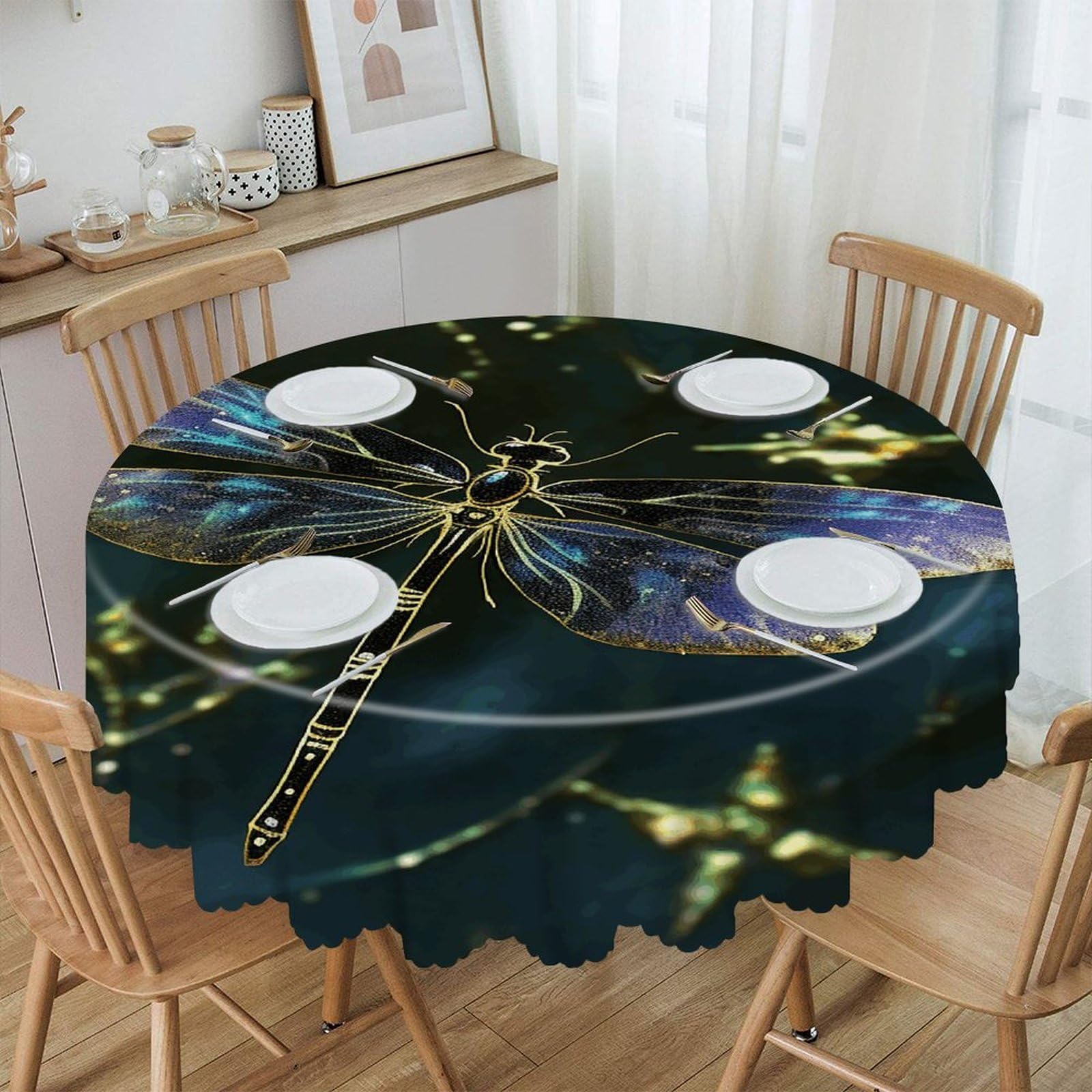 VstaDank Dragonfly Round Tablecloth Premium Polyester Table Cloth Heavy Duty Washable Fabric Tablecloth Waterproof Holiday Table Cover Decorative Tablecloths for Dining 60"