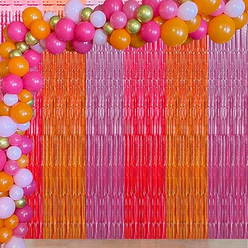 Miniatura 6 de Decoraciones de fiesta rosa y naranja, cortina de telón de fondo de flecos de papel de aluminio rosa intenso, decoraciones de fiesta de Acción de