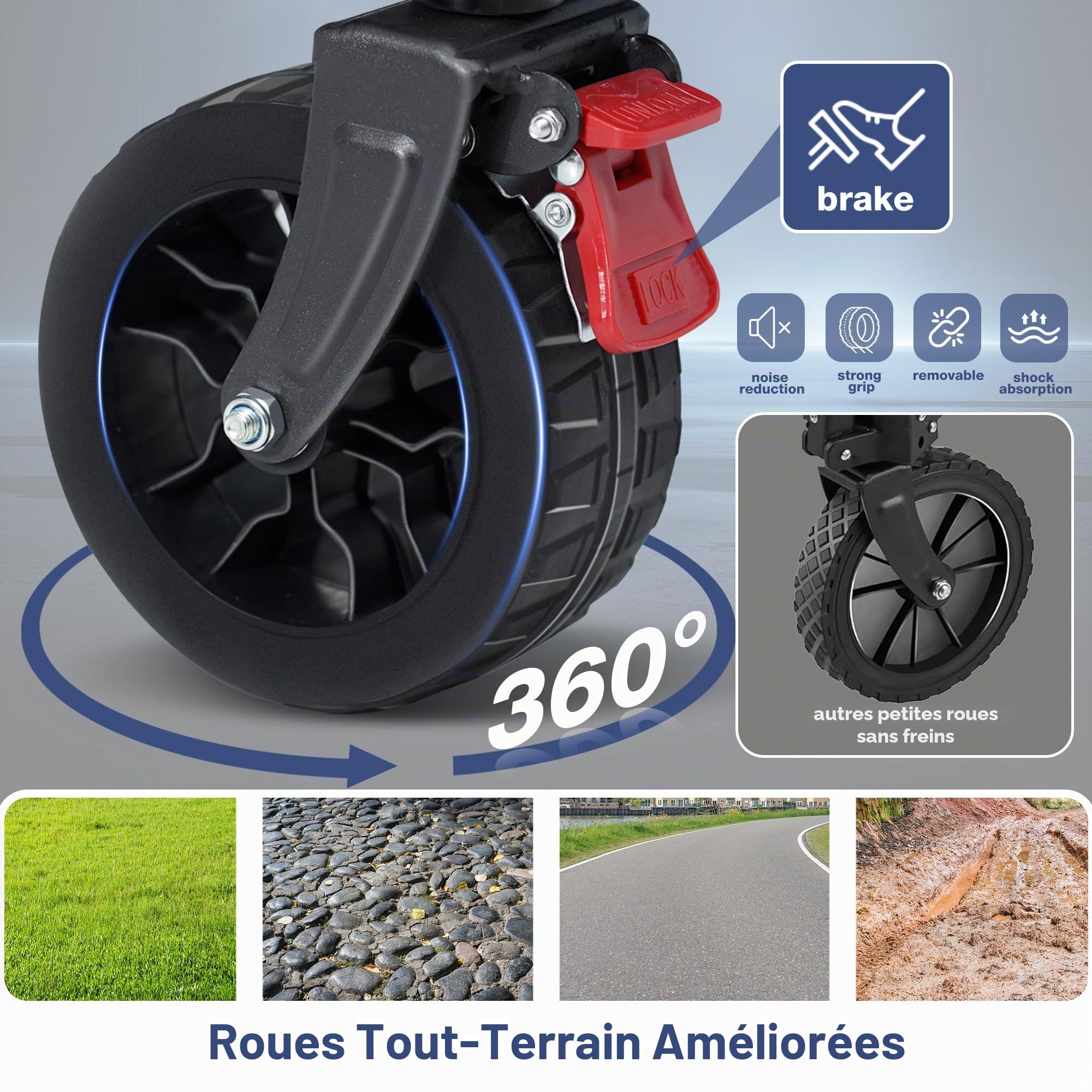 COMLAX FIELD Chariot pliable avec grandes roues tout terrain, chariot pliable de 120L 100KG avec freins, chariot de plage pour la plage, le jardin, le camping, les courses, bleu