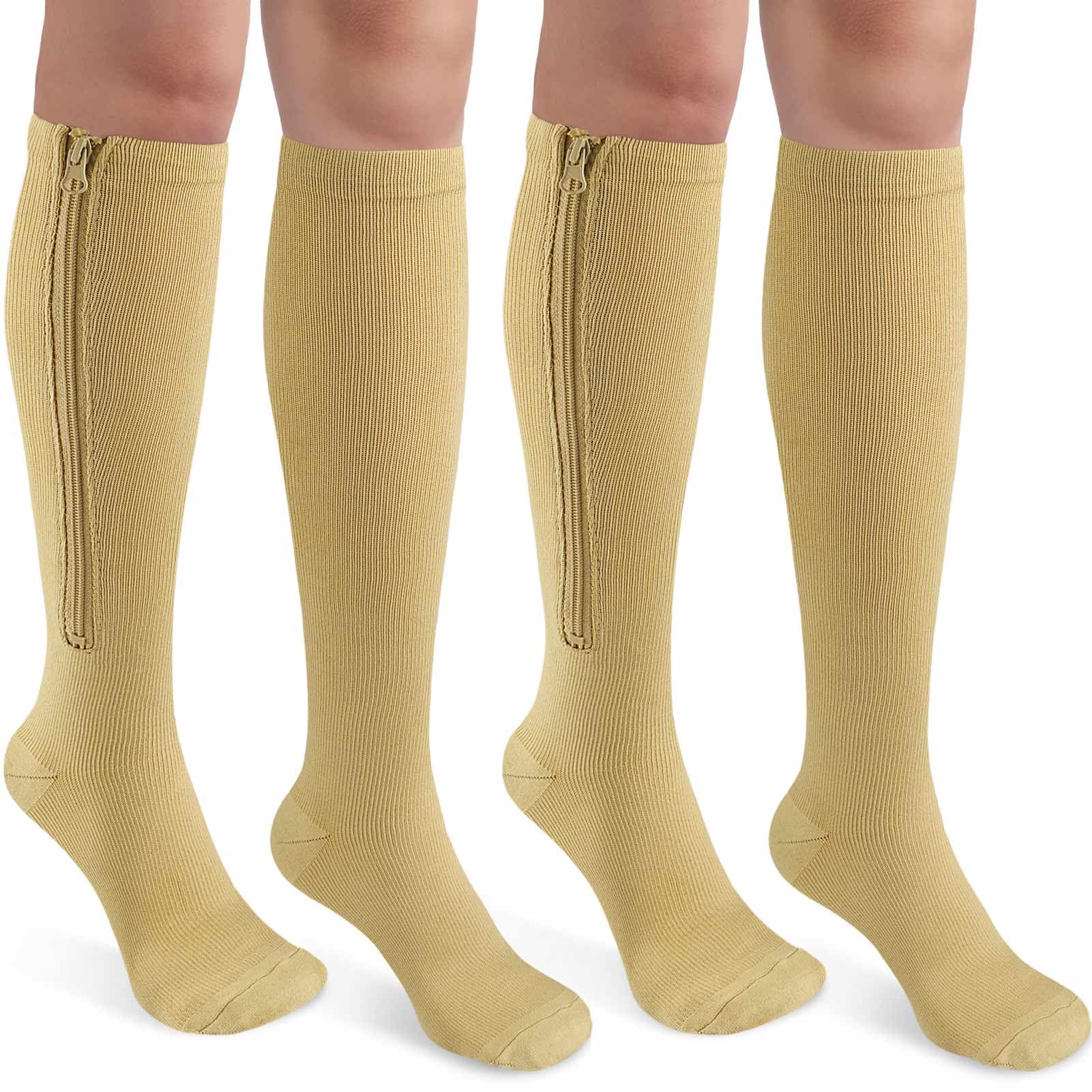 CASMON 2 Pairs Zipper Compression Socks for Women & Men,15-20 mmHg Closed Toe Knee High Support Sock for Varicose Vein Edema