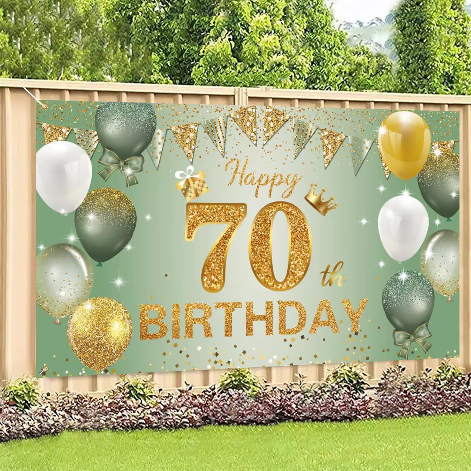 Sage Green Gold 70th Birthday Banner, 70th Birthday Backdrop for Women Men