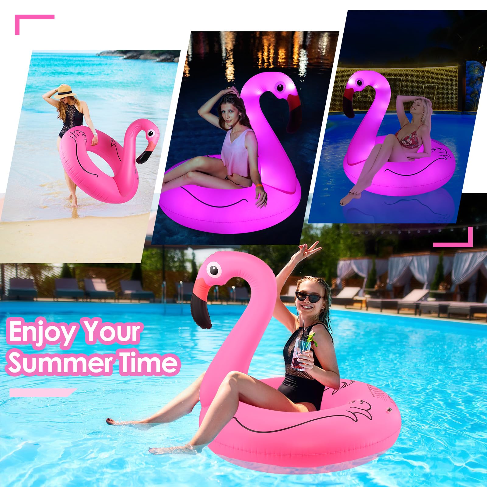 DeeprBling bouée Flamant Gonflable avec Lumières Solaires, Flamant Rose Gonflable, Grand Flamant Bouée Piscine Adulte, Anneau Flotteur Gonflable pour Piscine (105x105x100cm)
