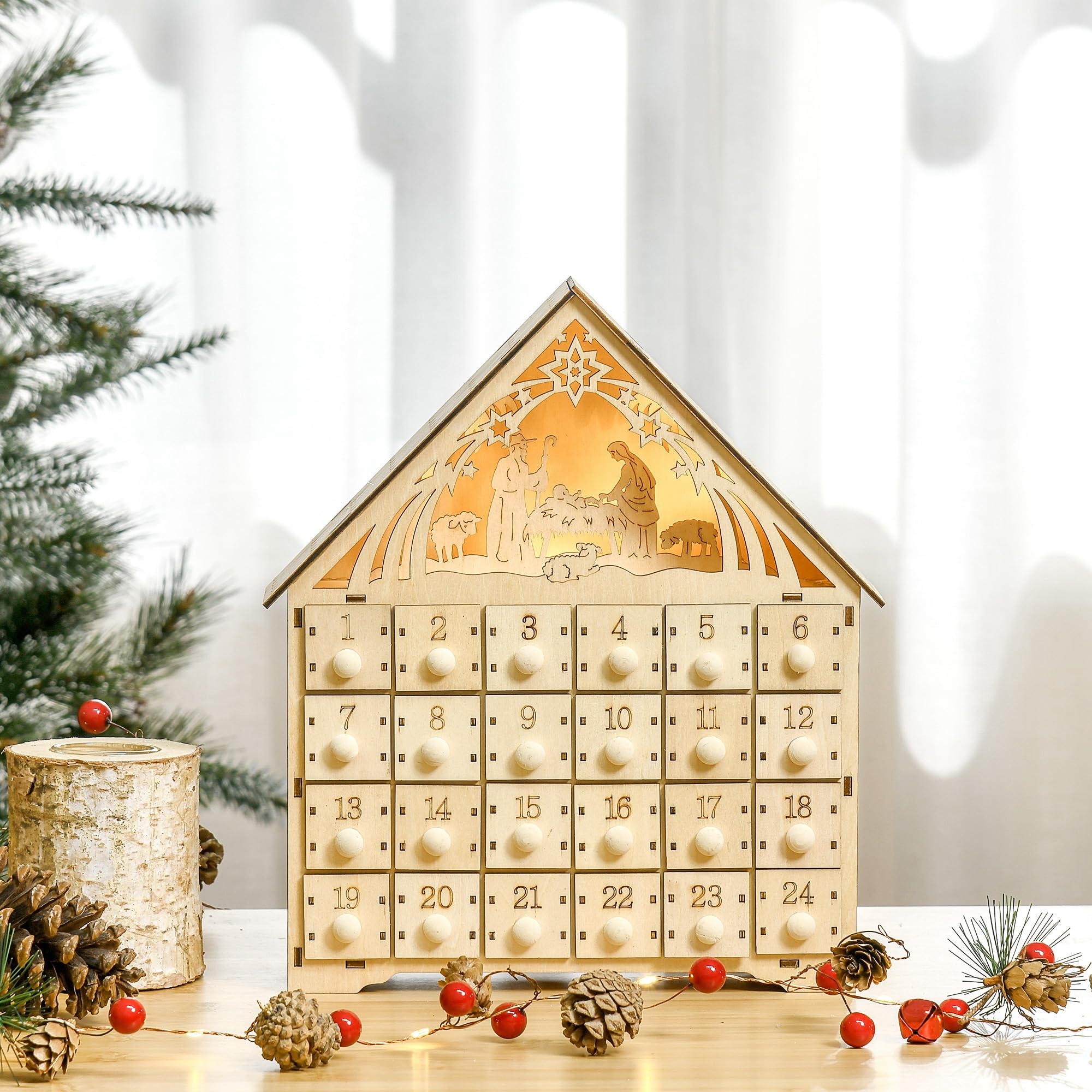 HOMCOM Calendario de Adviento Madera con Luces 24 Cajas Navidad 26,6x6x30 cm Natural