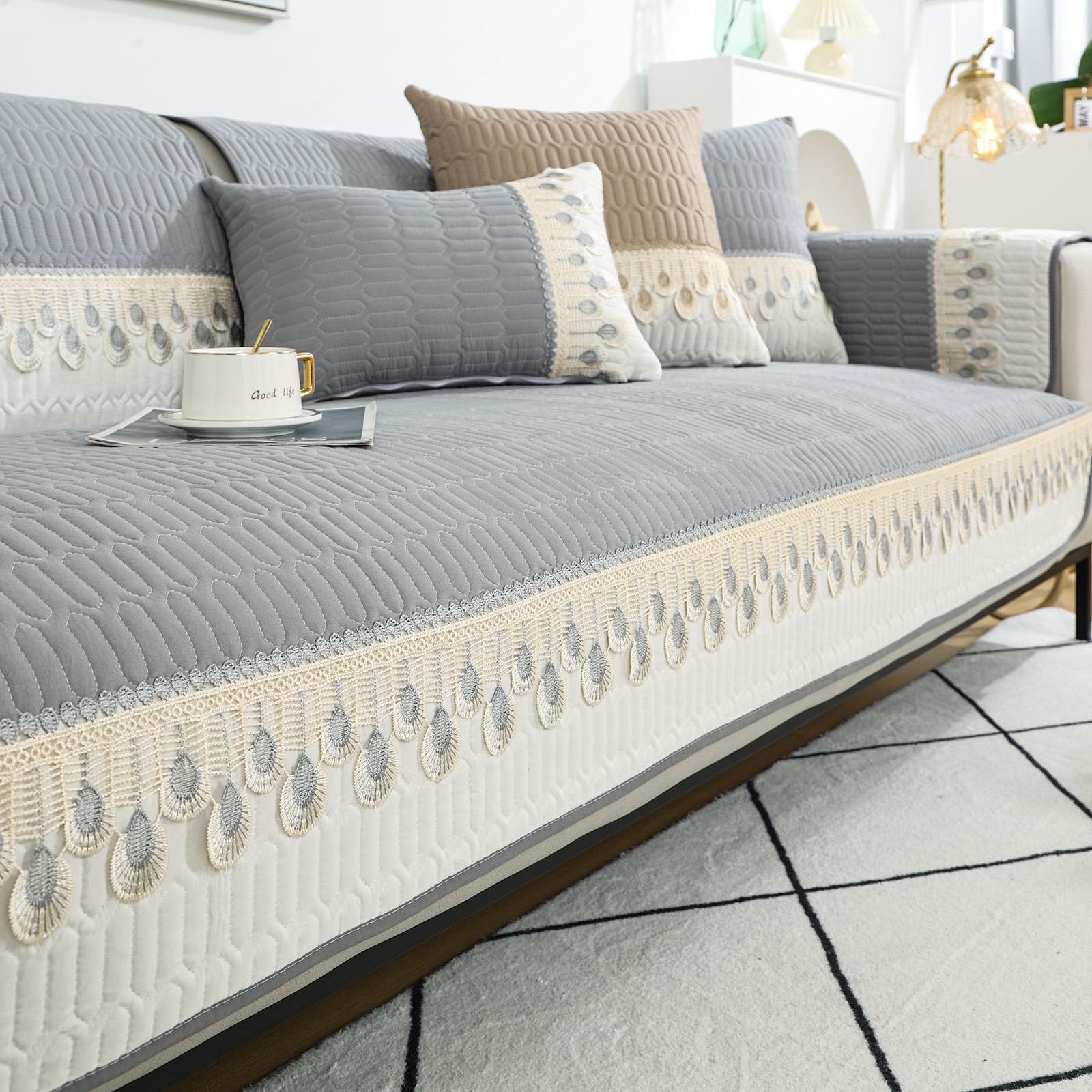 Anti Slip Sofa Cover, Feather Shaped Lace Design Sofa Seat Cover Soft Sofa Cushion Protector 1 2 3 Seater Couch Covers Four Seasons L Shape/Corner Sofa Protector (70x70cm,Light Gray)